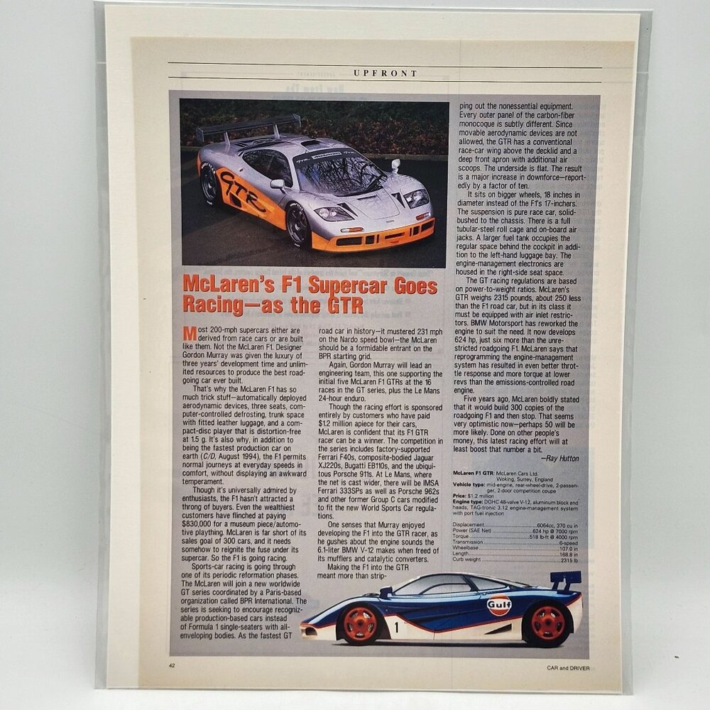 McLaren F1 Supercar Goes Racing As The GTR 1995 Car And Driver Up Front Article